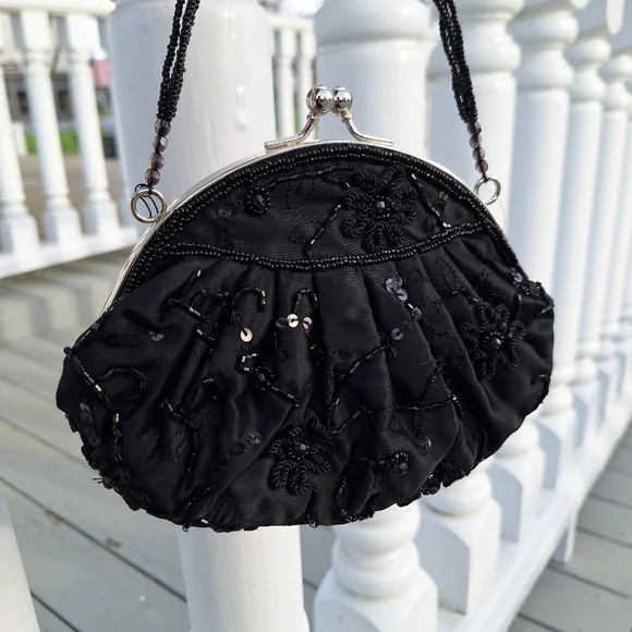 Beaded Mini Bag Black Sequin Kisslock Le Regale Classic Vintage Satin Purse - Picture 11 of 15